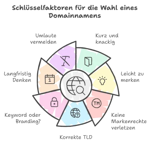 Eine Infografik, die alle wichtigen Punkte nochmals auflistet, die wichtig sind, um den perfekten Domainnamen zu finden