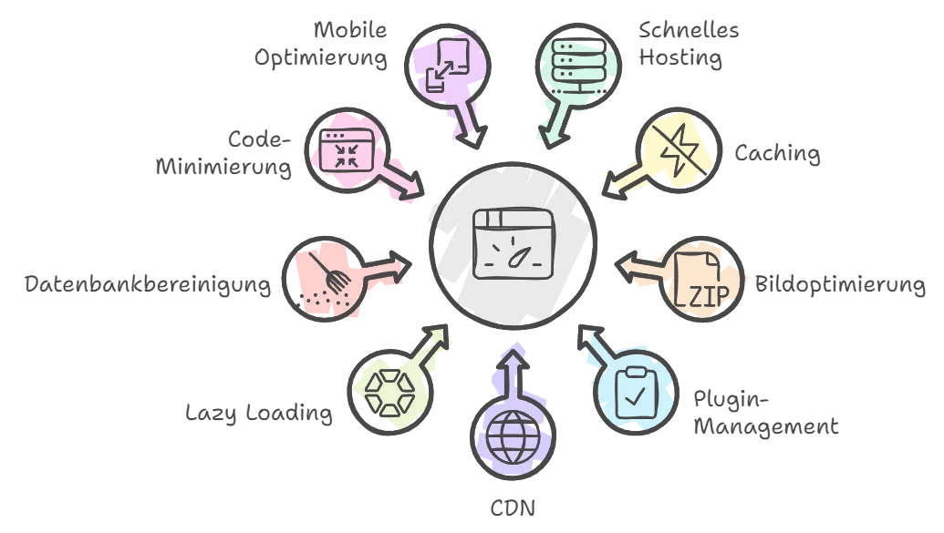 Eine Infografik, die alle wichtigen Punkte nochmals auflistet, die wichtig sind, um eine WordPress Website schneller zu machen und die Ladegeschwindigkeit zu erhöhen